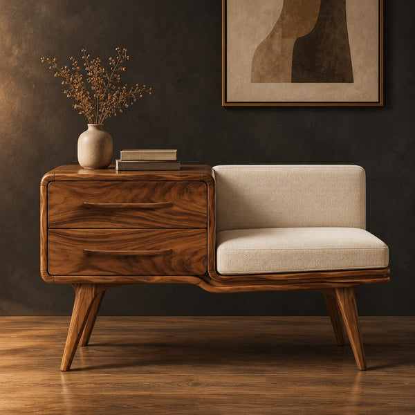 Mid Century Storage Bench With Two Drawer Block And Seat Cushion