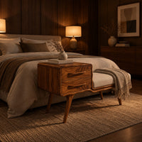 Mid century bench with a two drawer cabinet end and a cushioned seat in an evening bedroom with walnut wall paneling