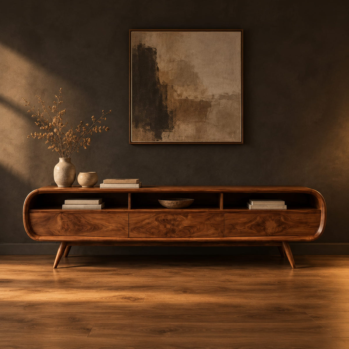 Low tv stand with pill shaped ends, three open cubbies and slim tapered legs in a dark studio against a charcoal plaster wall