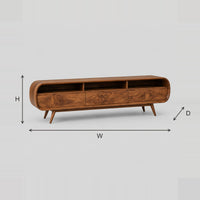 Mid Century TV Stand With Pill Shaped Ends And Tapered Legs dimension diagram with width, height and depth