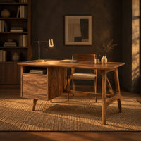 Mid century desk with a drawer pedestal, open cubby and angled trestle legs in a dark home office at golden hour