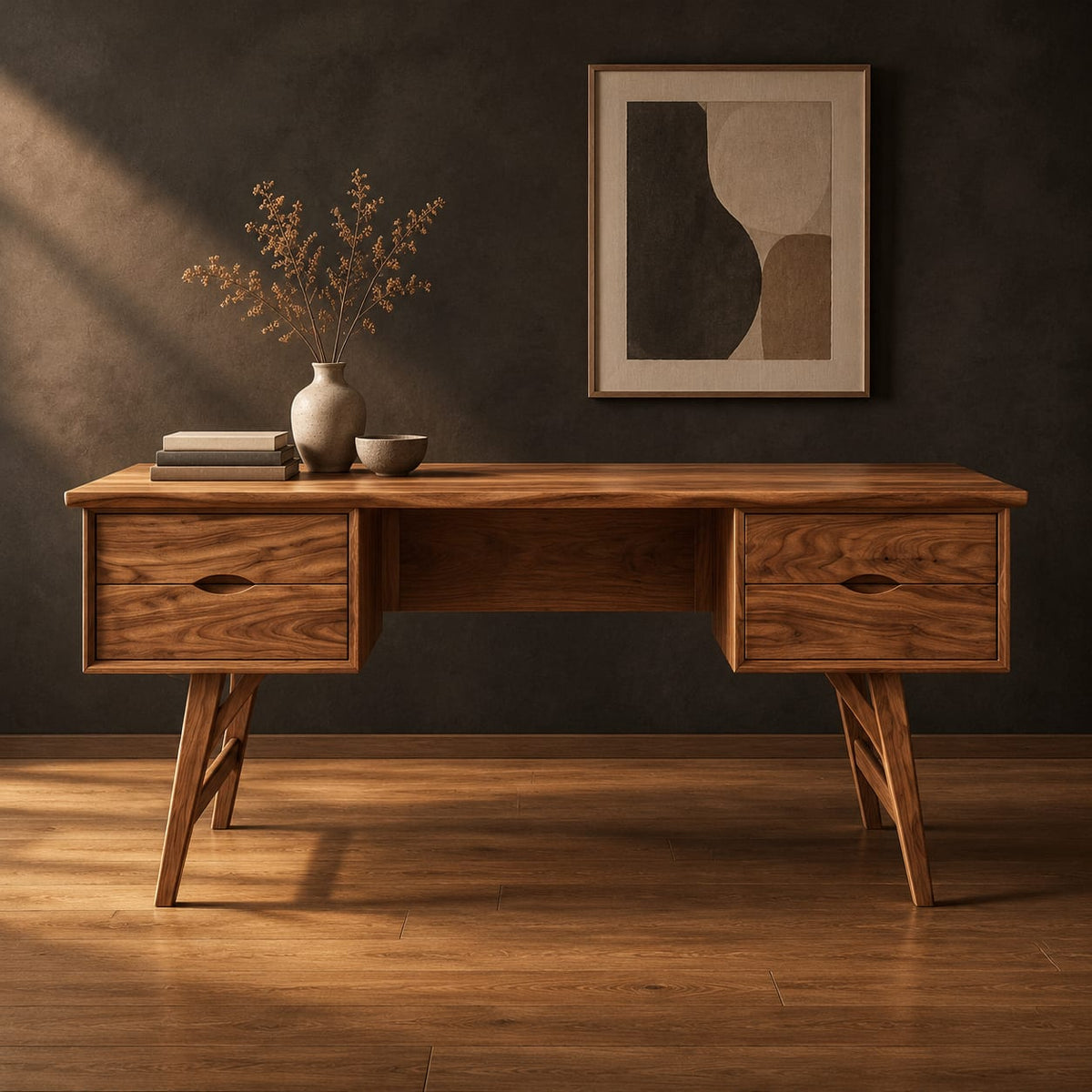 Mid century writing desk with two drawers and splayed legs in a dark studio against a charcoal plaster wall