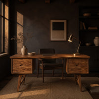 Mid century writing desk with two drawers and splayed legs in a dark home office at golden hour