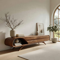 Mid century TV console with a rounded open end on splayed legs in a sunlit room with large windows and plants