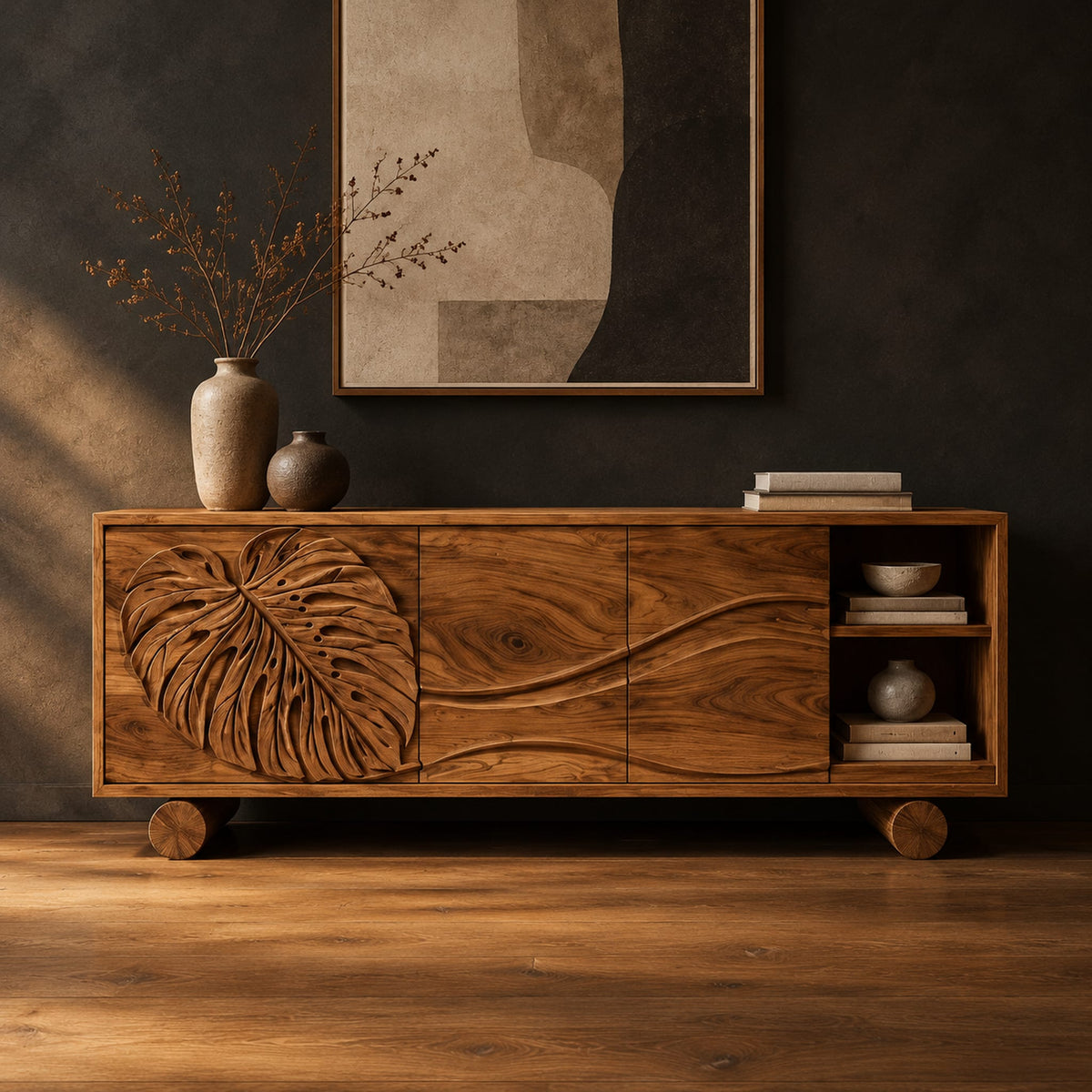 Sideboard with a carved monstera leaf door and an open end shelf in a dark studio against a charcoal plaster wall