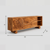 Monstera Leaf Carved Sideboard With Three Doors And Open Shelf dimension diagram with width, height and depth