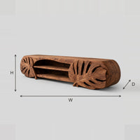 Monstera Leaf Carved TV Stand With Open Center Shelves dimension diagram with width, height and depth