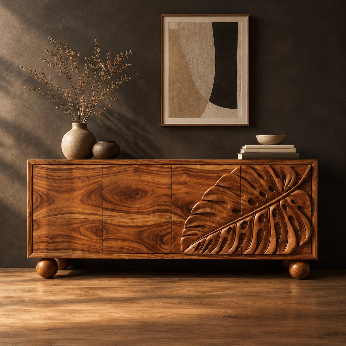 Sideboard with a carved monstera leaf on the right doors and ball feet in a dark studio against a charcoal plaster wall