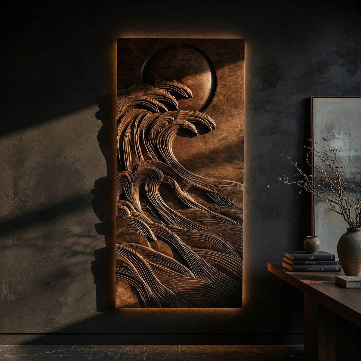 Dark wooden wall relief of a moon over waves on a dark charcoal plaster wall