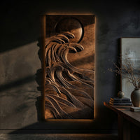 Dark wooden wall relief of a moon over waves on a dark charcoal plaster wall