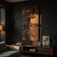 Dark wooden wall relief of a moon over waves above a low console in an evening living room