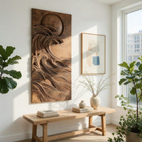 Dark wooden wall relief of a moon over waves in a bright sunroom with green plants