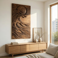 Dark wooden wall relief of a moon over waves above a light oak sideboard in daylight