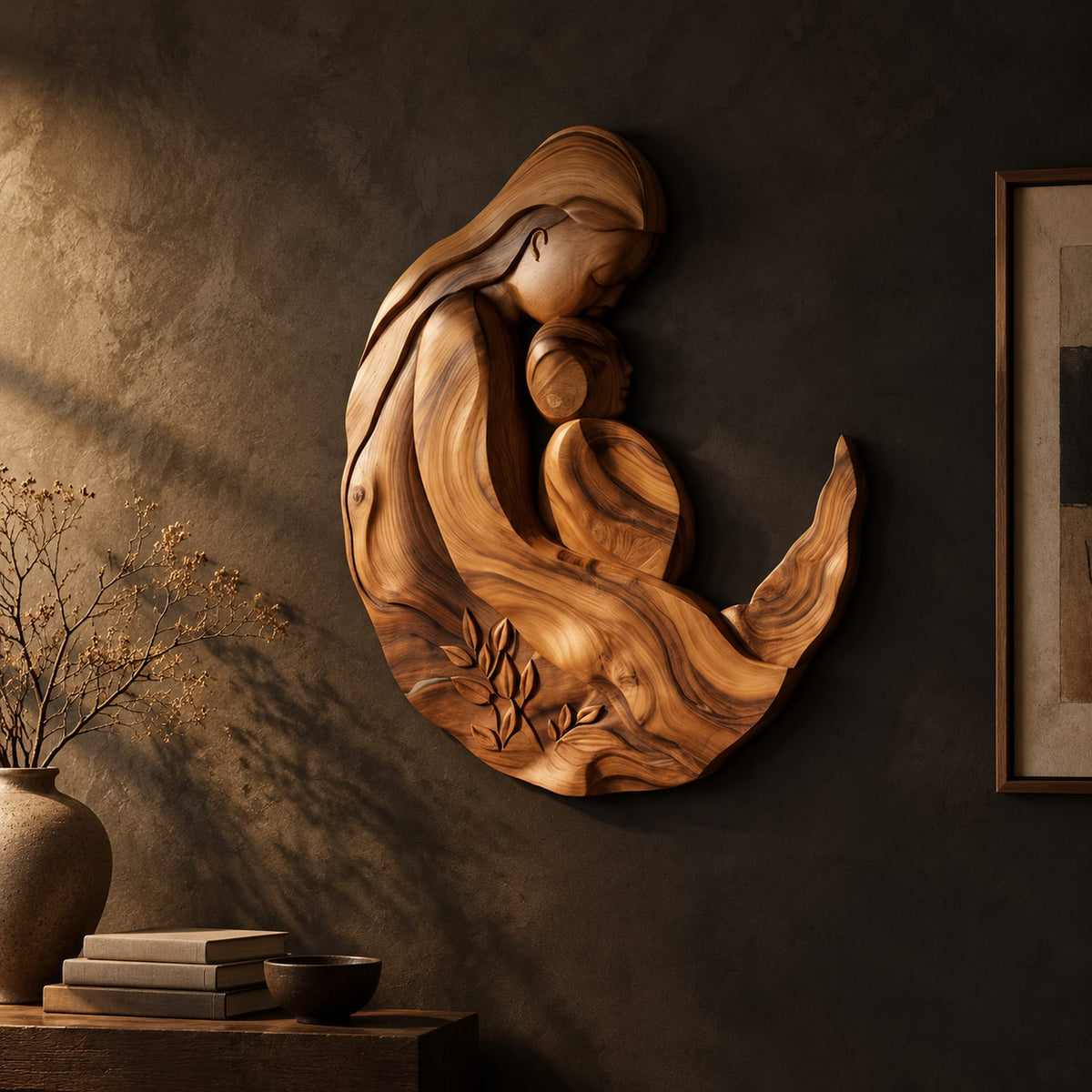 Carved wooden mother and child wall sculpture in a flowing crescent shape on a dark charcoal plaster wall