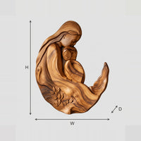 Mother And Child Wall Art Carved In A Flowing Crescent Shape dimension diagram with width and height