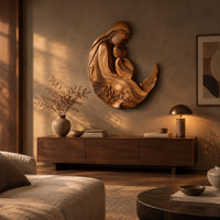 Carved wooden mother and child wall sculpture in a flowing crescent shape above a low console in an evening living room