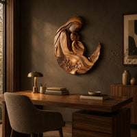 Carved wooden mother and child wall sculpture in a flowing crescent shape above a desk in a dark study corner