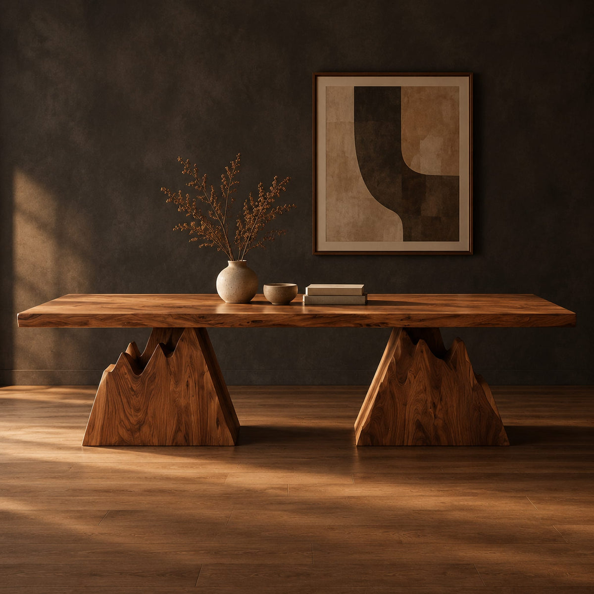 Live edge dining table on two wedge pedestals with jagged peak tops in a dark studio against a charcoal plaster wall