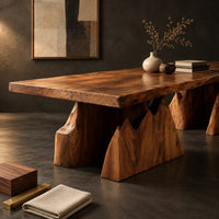 Corner detail of live edge dining table on two wedge pedestals with jagged peak tops beside wood, brass and linen samples