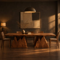 Live edge dining table on two wedge pedestals with jagged peak tops in a dark dining room at golden hour