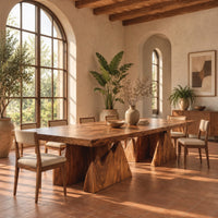 Live edge dining table on two wedge pedestals with jagged peak tops in a bright dining room with arched windows and plants