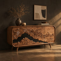 Mountain relief carved sideboard with a dark band and tapered legs, three-quarter view showing the grain