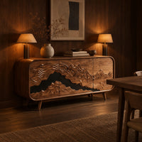 Mountain relief carved sideboard with a dark band and tapered legs in an evening dining room with walnut wall paneling