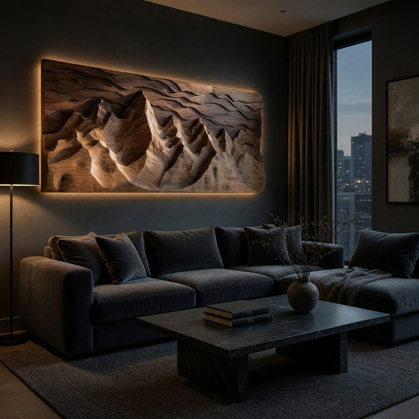 Mountain Range Wall Panel, Deep Cut by Hand in Solid Wood