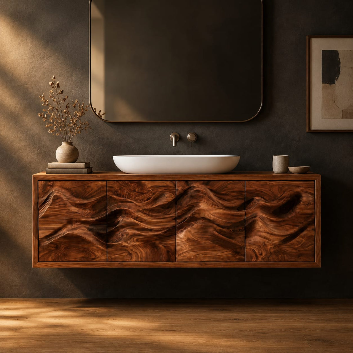 Floating bathroom vanity with carved mountain ridge doors in a dark studio against a charcoal plaster wall