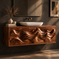 Floating bathroom vanity with carved mountain ridge doors, three-quarter view showing the grain