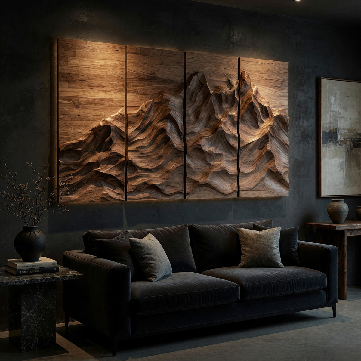 Four panel carved mountain wall art set on a dark charcoal plaster wall