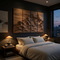 Four panel carved mountain wall art set above a bed in a dusk lit bedroom