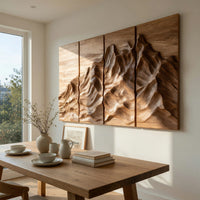 Four panel carved mountain wall art set beside a dining table in natural light