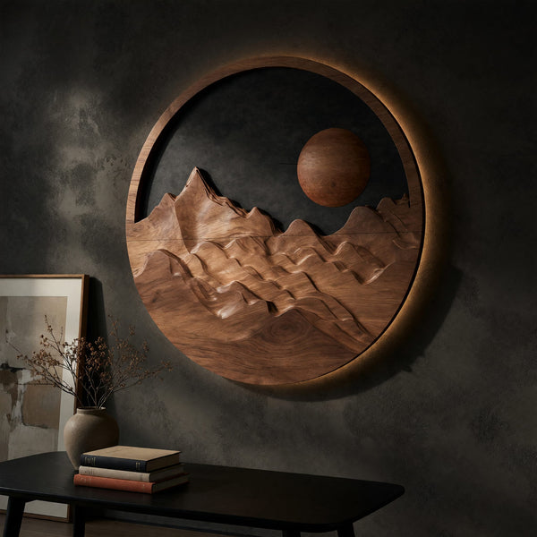 Mountain Wall Hanging with a Raised Rim, in Solid Wood
