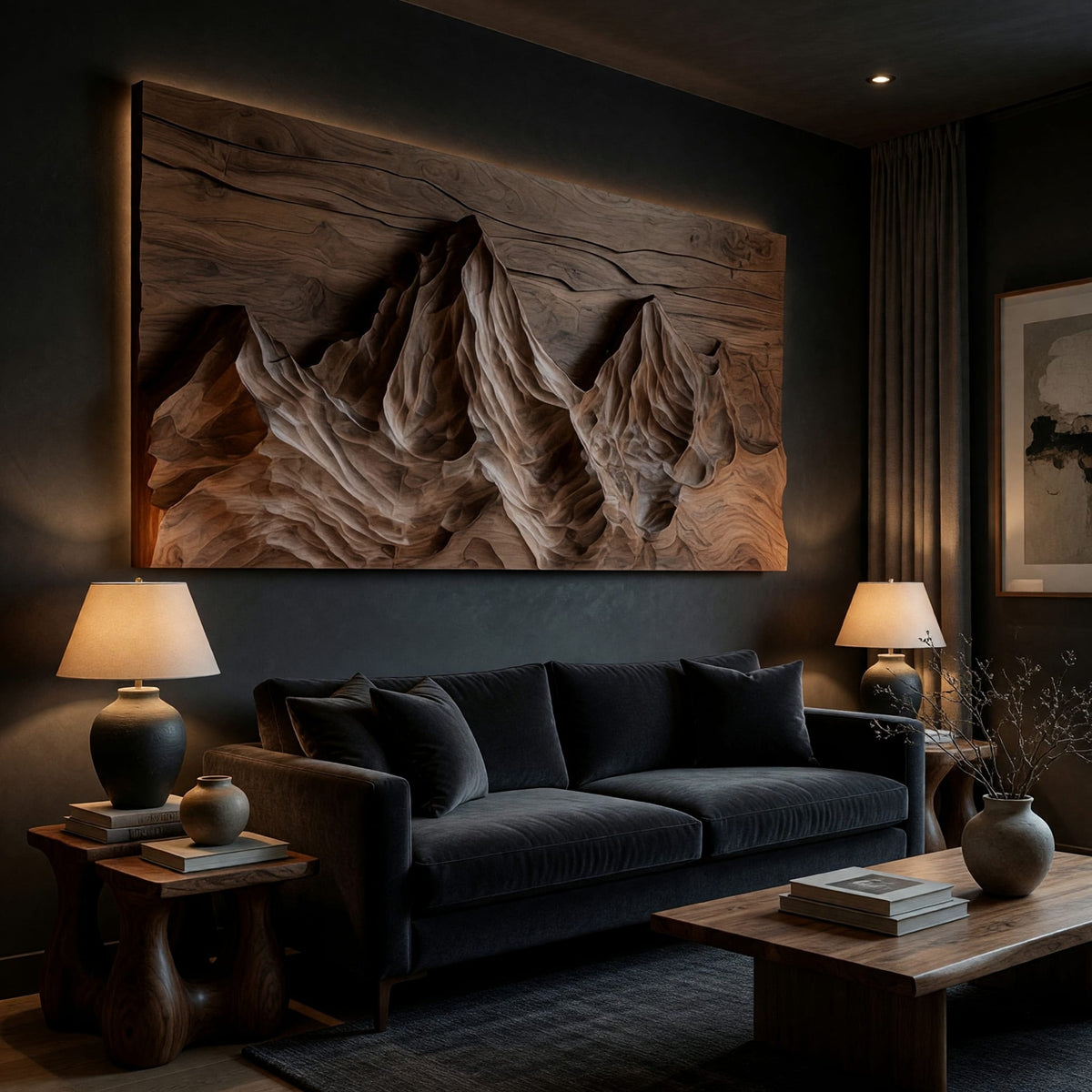 Mountain wall panel with a natural top edge on a dark charcoal plaster wall