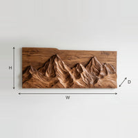 Mountain Wall Panel with a Natural Top Edge, in Solid Wood dimension diagram with height, width and depth