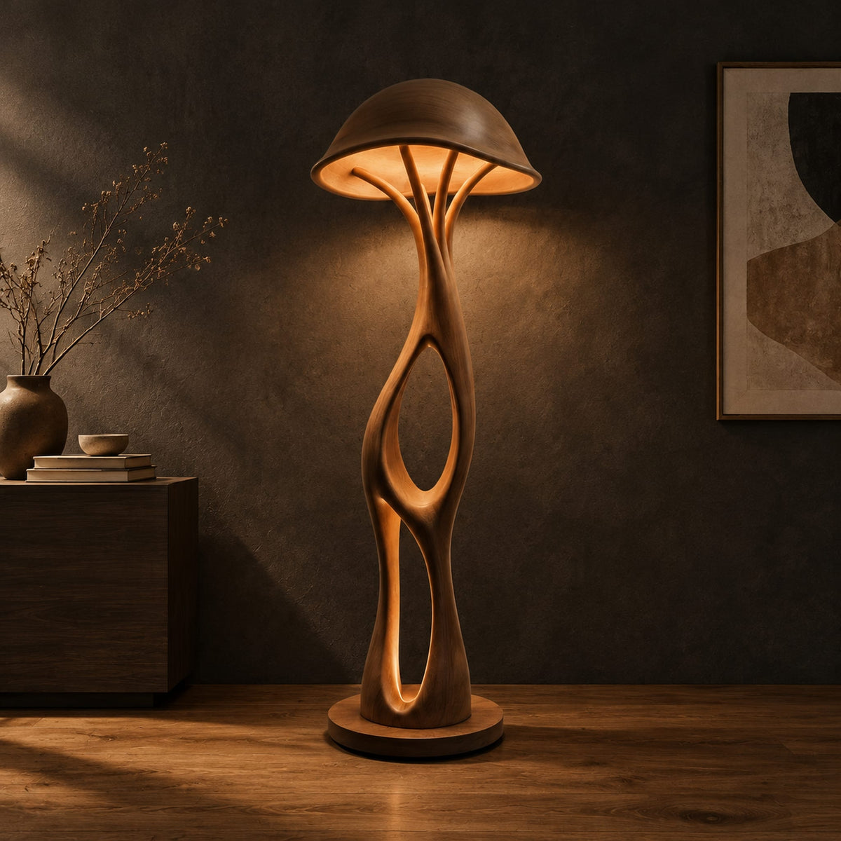 Mushroom canopy floor lamp with a slender sculpted stem and disc base in a dark studio against a charcoal plaster wall