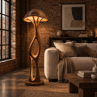Mushroom canopy floor lamp with a slender sculpted stem and disc base in an industrial loft living room with exposed brick