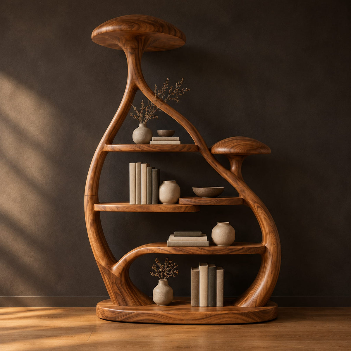 Tall mushroom cap bookshelf with a branching frame and an oval base in a dark studio against a charcoal plaster wall