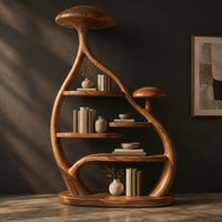 Tall mushroom cap bookshelf with a branching frame and an oval base, three-quarter view showing the grain