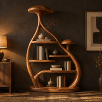 Tall mushroom cap bookshelf with a branching frame and an oval base in a dark living room at golden hour