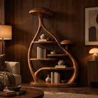 Tall mushroom cap bookshelf with a branching frame and an oval base in an evening living room with walnut wall paneling
