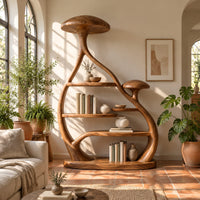 Tall mushroom cap bookshelf with a branching frame and an oval base in a bright living room with arched windows and plants