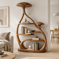 Tall mushroom cap bookshelf with a branching frame and an oval base in a Scandinavian living room with white walls