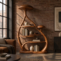 Tall mushroom cap bookshelf with a branching frame and an oval base in an industrial loft living room with exposed brick
