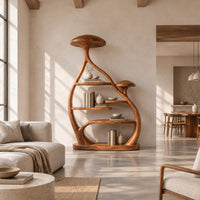 Tall mushroom cap bookshelf with a branching frame and an oval base in a bright open plan living room