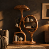 Sculptural bookshelf with a mushroom cap top and an oval loop of shelves in a dark living room at golden hour