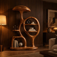 Sculptural bookshelf with a mushroom cap top and an oval loop of shelves in an evening living room with walnut wall paneling