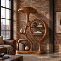 Sculptural bookshelf with a mushroom cap top and an oval loop of shelves in an industrial loft living room with exposed brick
