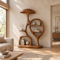 Sculptural bookshelf with a mushroom cap top and an oval loop of shelves in a bright open plan living room